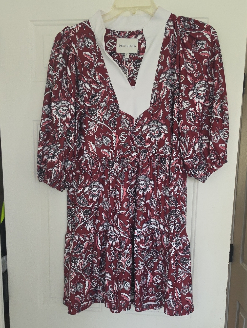 Smith & Quinn Burgundy Floral V-Neck Tiered Mini Dress with White Trim